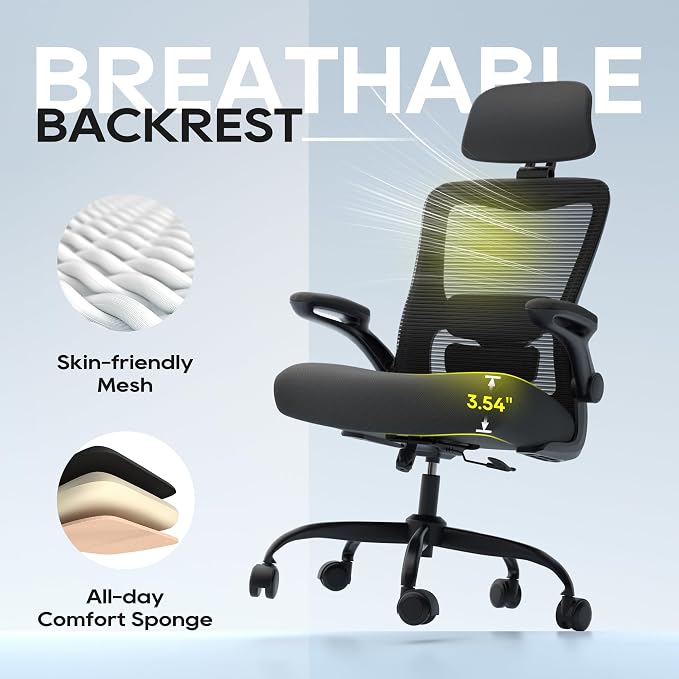 Ergonomic Office Chair for Long Hours, Adjustable Padded Lumbar Support for Lower Back Relief, 330 lb Capacity, Comfortable Computer Desk Chair for Home Office, Work & Study - Image 5