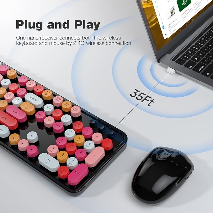 MOFII Wireless Keyboard and Mouse Combo, Black Colorful 2.4GHz Full Size Keyboard with Round Keycaps, Retro Keyboard Cute Wireless Mouse for Laptop, PC, Chromebook, Smart TV, Windows - Image 2