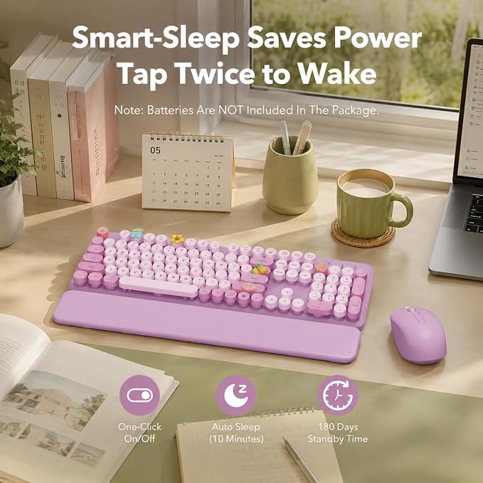 Wireless Keyboard and Mouse, Round Keycaps, Magnetic Wrist Rest, Lilac | Full-Size Retro Typewriter-Style Keyboard, Tilt Legs, Auto Sleep, 2.4GHz Cordless for MacOS, Windows PC, Laptop, SABLUTE - Image 5