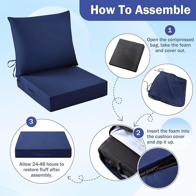 IASEAHK Outdoor Seat Cushion Set, Waterproof & Fade Resistant Patio Chair Cushions, Outdoors Cushion for Patio Furniture, 24 x 24 x 4 Inch, Outdoor Couch Cushions with Handle and Ties, Navy Blue - Image 8