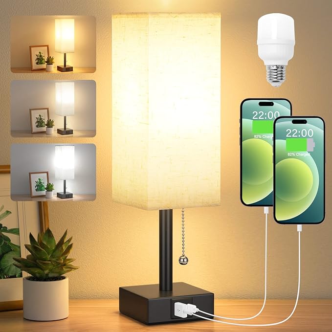 Small Bedside Table Lamp for Bedroom - Desk Lamp For Nightstand, USB C+A | Pull Chain Lamp, 3 Color Modes(3000K/4000K/5000K), E26 LED Bulb Included, Square Beige Fabric Lampshade, for Read, Work, Dorm by Aooshine