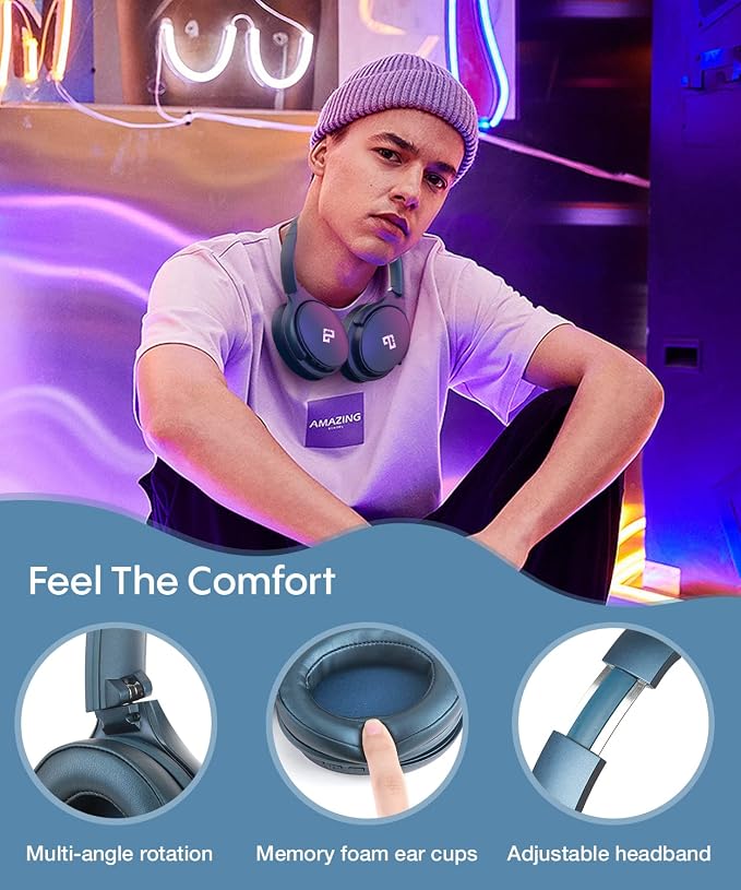 INFURTURE Active Noise Cancelling Over Ear Bluetooth Headphone Deep Bass H1 | Comfortable, Hi-Fi Stereo, 90H Playtime, Low Latency, Foldable Lightweight for Travel, Office, Sport Running - Blue - Image 6