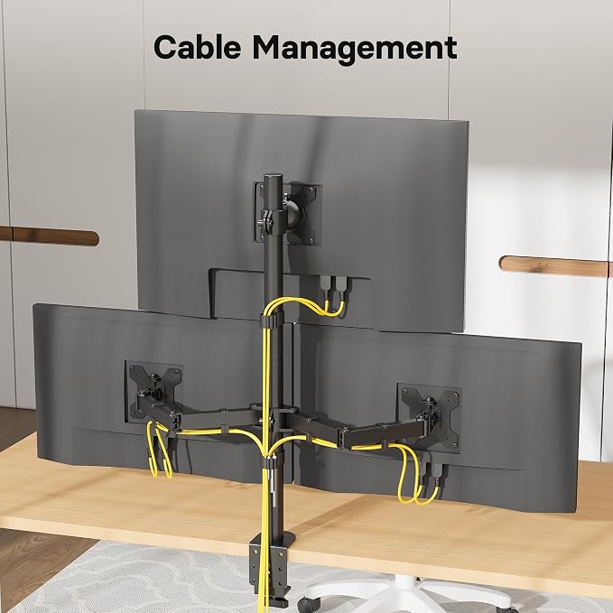 BONTEC Triple Monitor Desk Mount, Supports 13-32 Inch, VESA 75x75/100x100mm | Full Motion Adjustability, Up to 22lbs per Arm, C Clamp and Grommet Mounting Options, Cable Management - Image 7