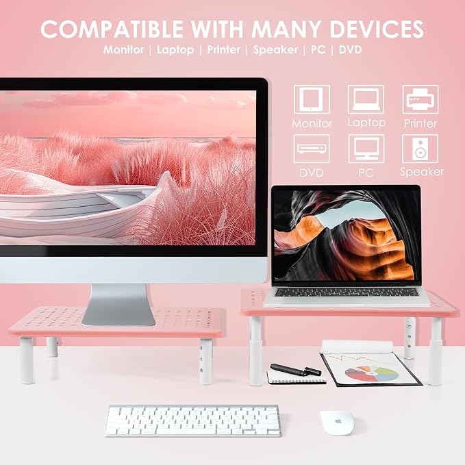 2 Pack Monitor Riser Desktop Stand Flat Screen TV Monitor Stand Pink | 3 Height Adjustable PC Stand with Mesh Platform Sturdy Metal Laptop Computer Monitor Stand Shelf for Printer, iMac - Image 6