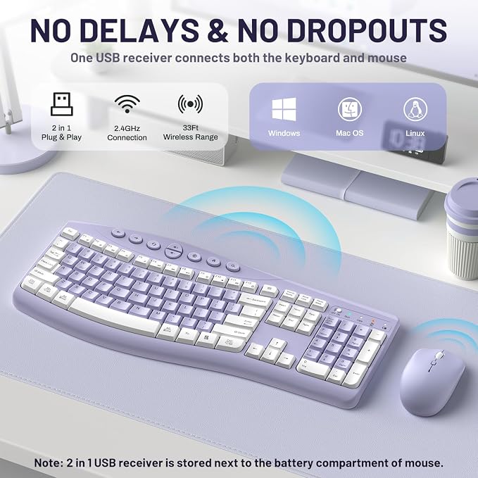 Wireless Keyboard and Mouse Combo Silent Ergonomic Curved Design for Office | 2.4G Full Size Cordless Keyboard with Tilt Legs,3-Level DPI Quite Mouse for Windows,Mac OS/Desktop/Laptop/PC - Image 2