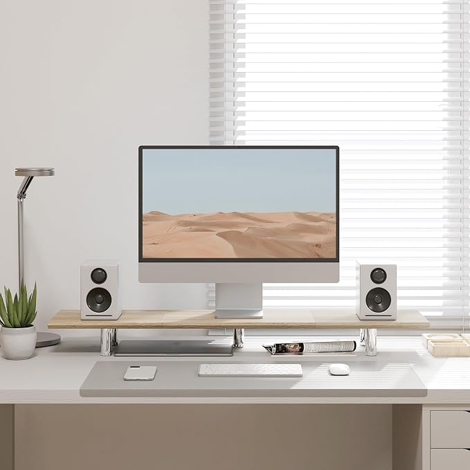 Fenge 39.4” Dual Monitor Stand with Height Adjustable Legs, Oak | Wooden & Steel, Ergonomic Height 3.6" to 4.4", Underneath Storage, Holds up to 99lbs, Laptop Monitor Stand for Home Office - Image 7