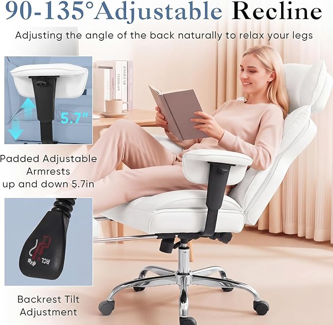 DUMOS Big and Tall Home Office Desk Chair, Executive Chair with Footrest | PU Leather, Ergonomic Comfy Lumbar Support, High Back Reclining, Adjustable Armrests, White - Image 4