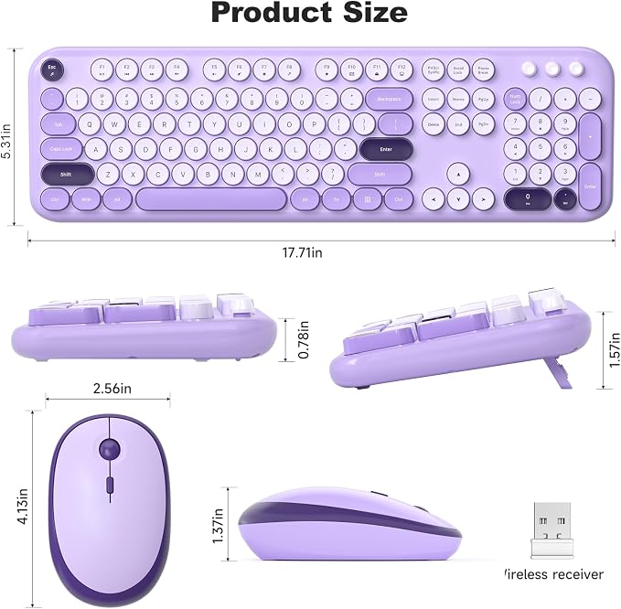 MOFII Wireless Keyboard and Mouse Combo, 2.4GHz Retro Typewriter Keyboard Full Size and Silent Mouse, 2-in-1 USB Receiver Plug and Play, for Laptop, PC, Desktop, Windows (Violet) - Image 6
