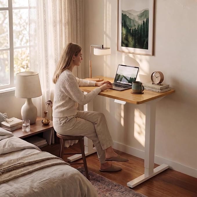 HUANUO 48x24 Inch Electric Standing Desk, Adjustable, Light Vintage Brown | 176 Lbs Capacity, Smooth Home Office Desk, 4 Memory Presets & Headphone Hooks, 28.3–46.5 Inch Height Range, Easy to assemble - Image 2
