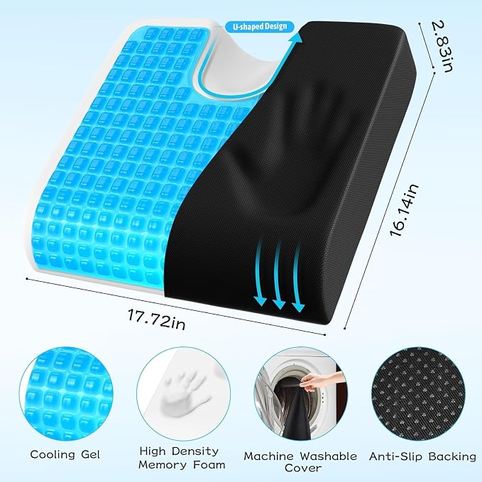 TranquilMoments Seat Cushion, Gel Wheelchair Seat Cushion, Black | Wheelchair Seat Cushion Cooling Gel Memory Foam, Tailbone Pain Relief & Non - Slip Bottom Chair Cushion - Image 5