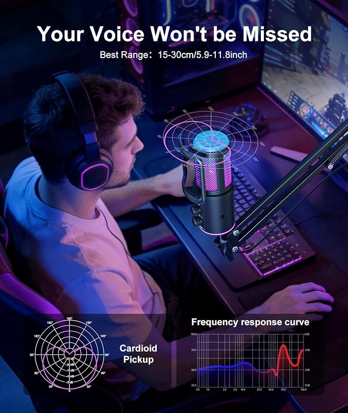 Gaming USB Microphone, Noise Cancellation Condenser Mic with Mute,Boom Arm Mic-Reverb Adjustment, Monitoring for Streaming, Podcasting, Discord, YouTube,PC, Computer, PS4, PS5, Mac - Image 3