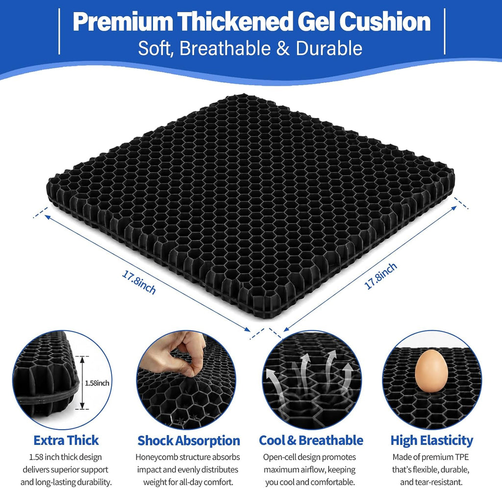 Gel Seat Cushion for Long Sitting – Double-Layer Honeycomb Cooling Chair Pad, Thick Supportive Gel Cushion with Breathable Non-Slip Cover for Office Chair, Car, Wheelchair & Long Sitting（Black） - Image 2