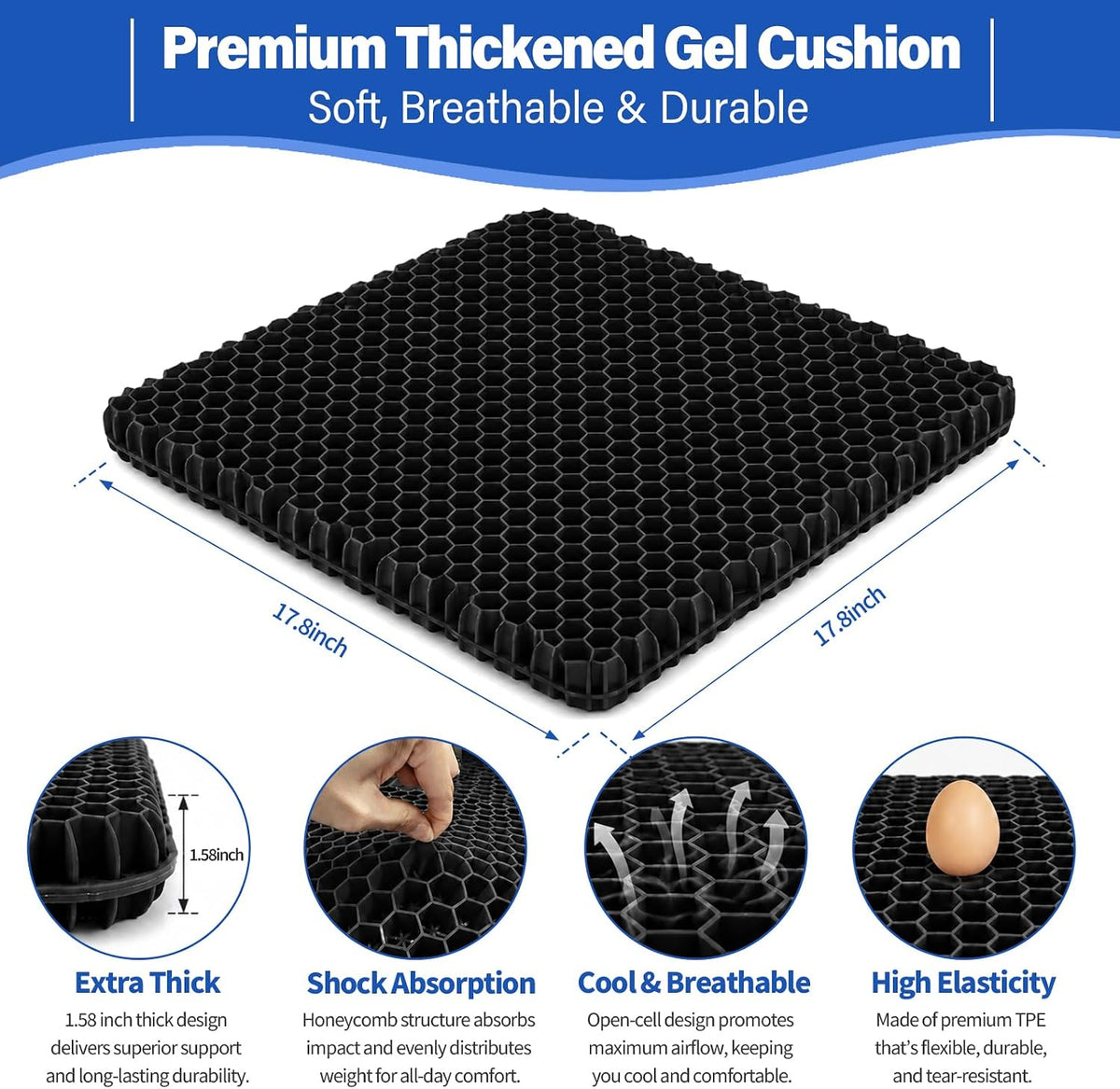 Gel Seat Cushion for Long Sitting – Double-Layer Honeycomb Cooling Chair Pad, Thick Supportive Gel Cushion with Breathable Non-Slip Cover for Office Chair, Car, Wheelchair & Long Sitting（Black） - Image 2