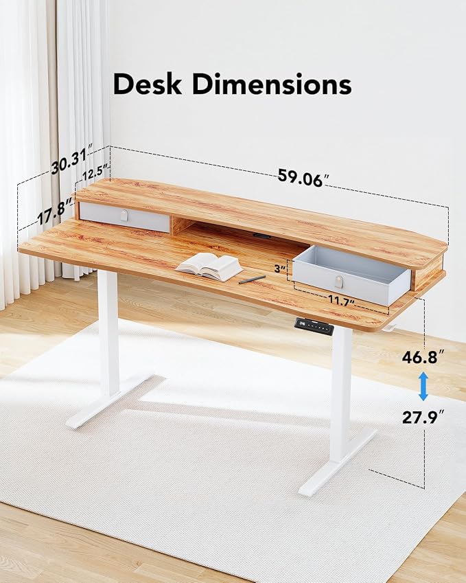 HUANUO 60″ x 30″ Electric Standing Desk with 2 Drawers, C-Clamp Mount Compatible, Height Adjustable Computer Desk, Home Office Stand Up Desk with 4 Preset Heights & 2 Hooks, Light Vintage - Image 3