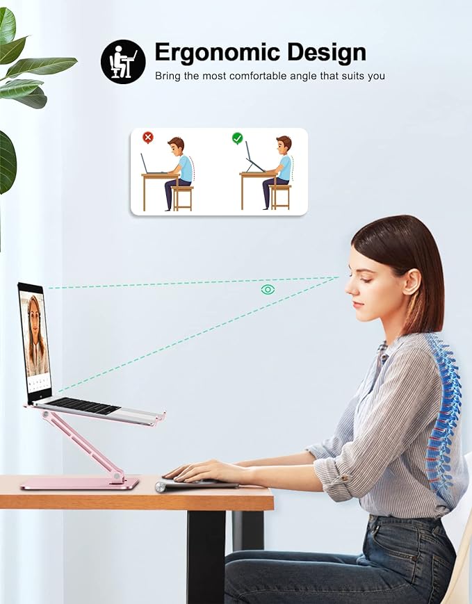 RIWUCT Foldable Aluminum Alloy Laptop Stand for Desk, Height Adjustable Ergonomic Computer Stand, Portable Laptop Riser Holder Printer Stand Compatible with MacBook Pro Air/HP/Dell 10-16", Pink - Image 2