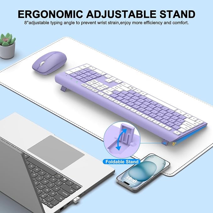 Wireless Keyboard and Mouse Combo, MK258 Full Size Silent Keyboard (Purple) | Silent for Home Office, Optical Mouse, Long Battery Life, 2.4GHz Lag-Free Cordless, for Windows/Mac OS/Desktop/Laptop/PC - Image 4