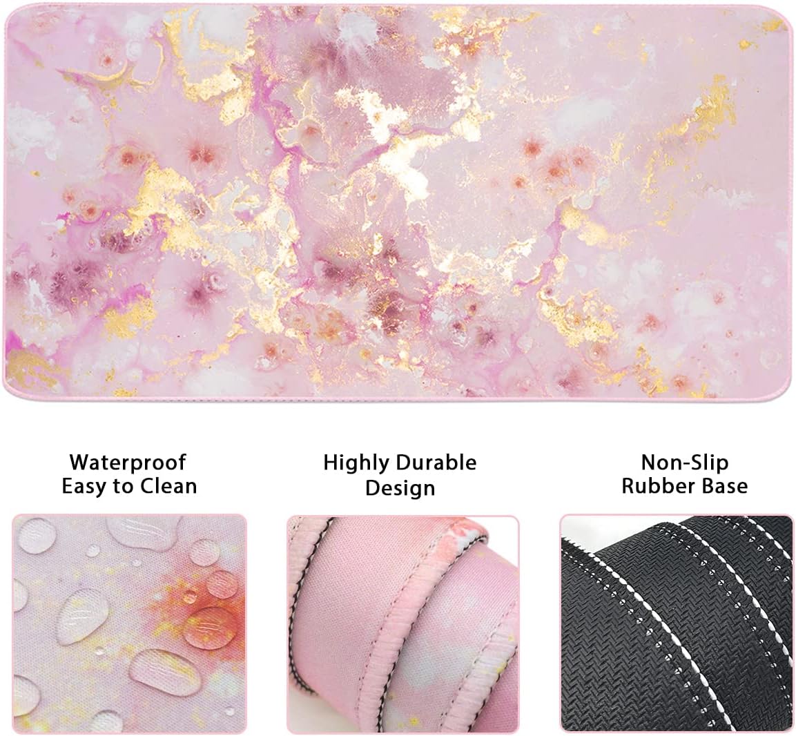 Large Mouse Pad and Keyboard Wrist Rest, Desk Pad for Keyboard and Mouse, 4-in-1 Large Gaming Mouse Pad with Wrist Support, Non-Slip Desk Mat for Home Office Study Game-Pink Gold Marble - Image 2