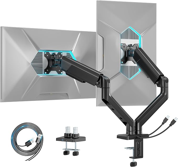 ARES WING Dual Monitor Mount with USB for 2 Monitors for 17-35 inch, Black | Heavy Duty Monitor Arms for 2 Monitors, Fully Adjustable Monitor Desk Stand for Ultrawide Screen, VESA 75x75 or 100x100mm - Image 2