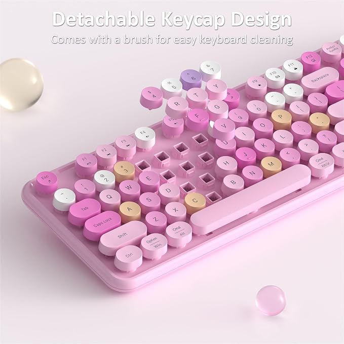 Links9+ Colorful Wireless Keyboard and Mouse Combo (Pink Colorful) | Full-Size Retro Typewriter Style Keyboard with Vintage Round Keycaps, 2.4G Wireless Set for Windows, Mac, Laptop, PC, Tablet - Image 6