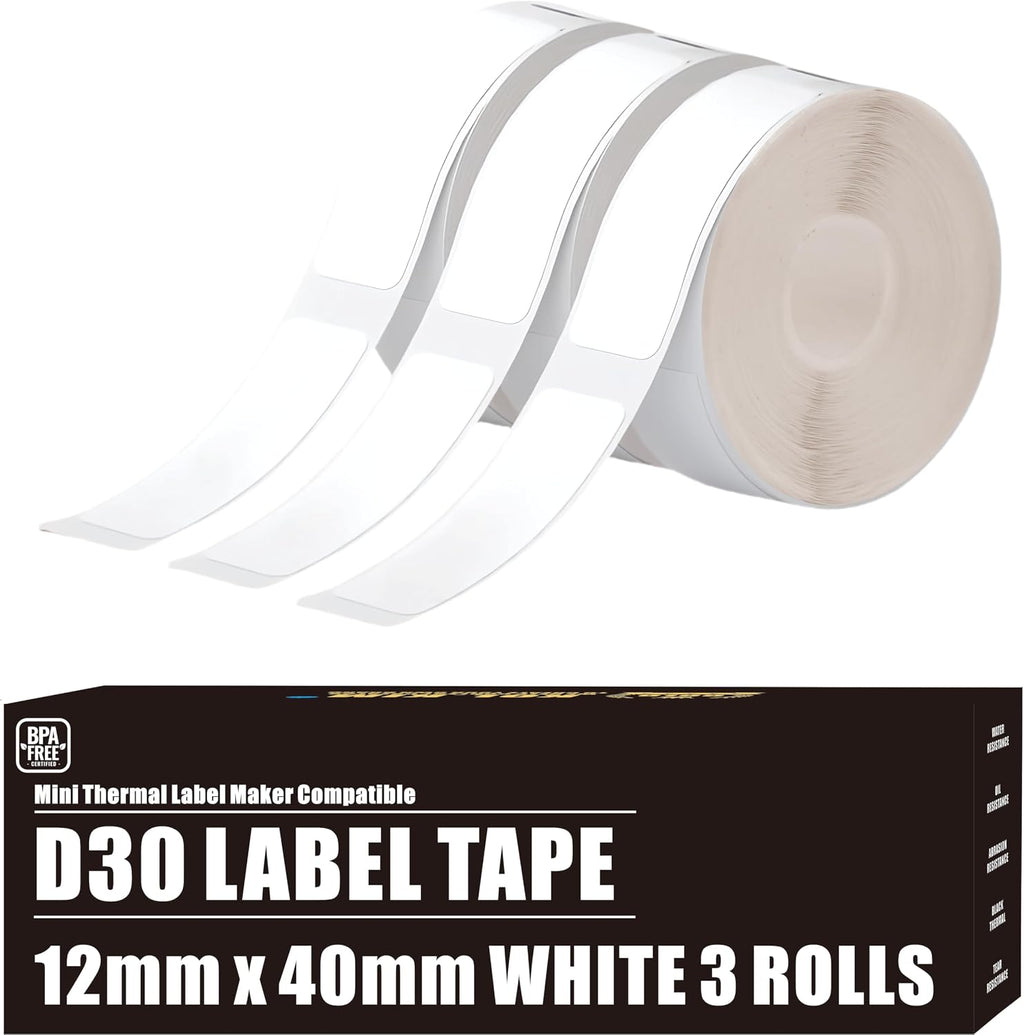 D30 Label Tape, 540 Labels 12x40mm White Thermal Label Paper for Phomemo D30 Labels Tape Printer Maker Tapes Refill Replacement for Print Master Refill 12mm x 40mm (0.47 x 1.57 Inch) 3 Rolls White by KOl.KIM
