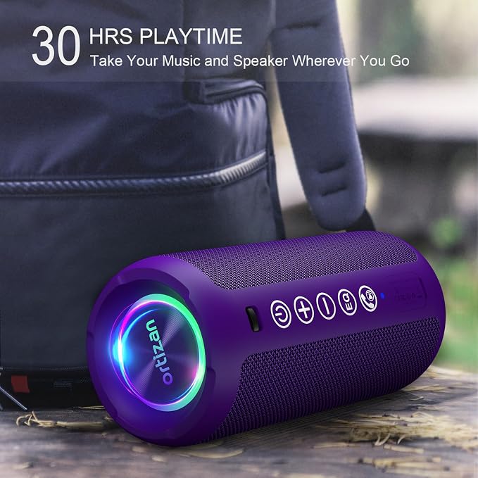Ortizan Portable Bluetooth Speaker: IPX7 Waterproof, 24W Loud Sound, Purple | Deep Bass, Bluetooth 5.3, LED Lights, Wireless Stereo Pairing, 30H Playtime, for Home/Outdoor/Party/Beach, Birthday Gift - Image 6