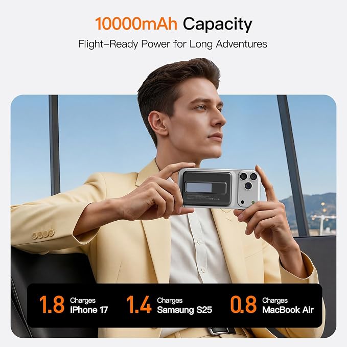Magnetic Portable Charger 10000mAh, 22.5W Power Bank with Built in Cable | Foldable Stand,20W Fast Charging for Magsafe Battery Pack with LED Display, Travel Essential for iPhone 17/16/15/14/13/12 Pro - Image 8