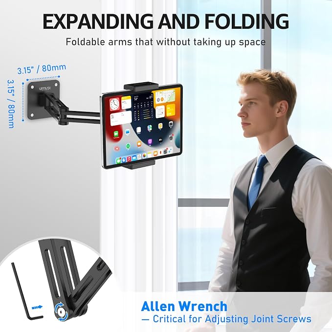 Dual Arm Tablet Wall Mount Ipad Holder, 4.7-13" | 360° Rotation Adjustable, Aluminum Extendable Arm, For iPad mini/Air/Pro/Galaxy Tab/Kindle, Kitchen Home Office - Image 5