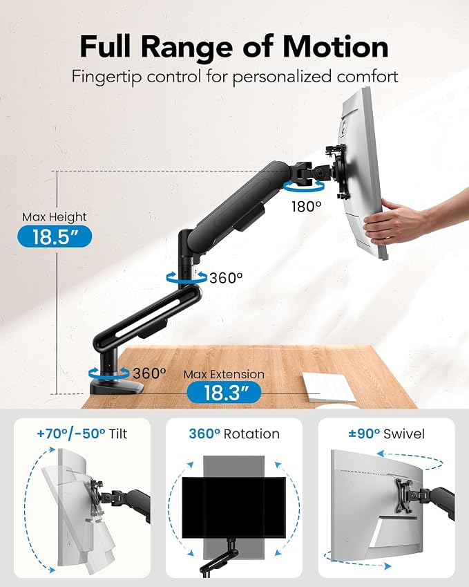 HUANUO Ultrawide Monitor Arm for 13 – 40" Screens, Single Monitor Mount Holds up to 26.4lbs, Adjustable Monitor Stand with C-Clamp & Grommet Base, VESA Mount 75x75mm/100x100mm - Image 5