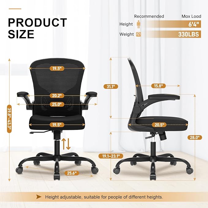 Office Chair|Ergonomic Desk Chairs (Pack of 2) | Flip-up Armrests,Mesh Computer Chair,High Back,Comfy Work,Adjustable Lumbar Support - Image 3