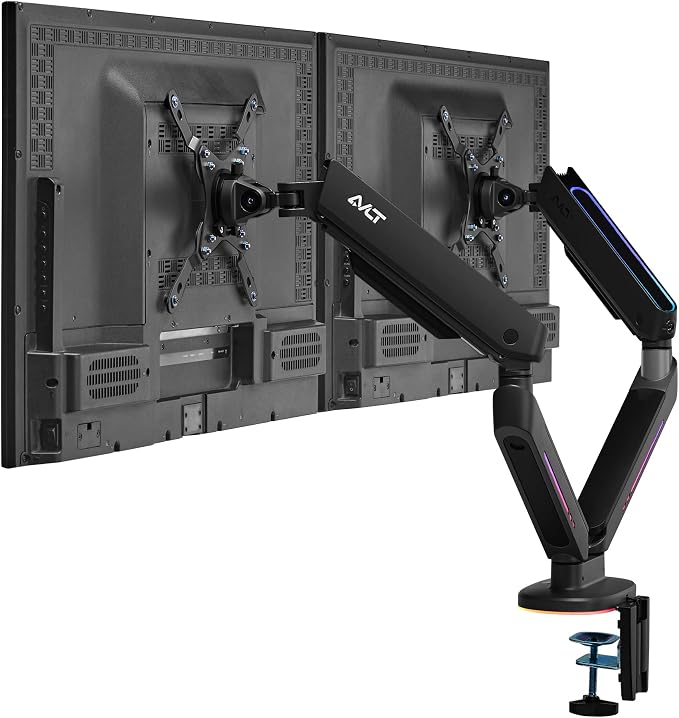 AVLT RGB Gaming Dual Monitor Arm Desk Mount for 27-43" Screens - Black | Built-in 20 Lighting Modes Touch Button Control Fits Flat/Curved/Ultrawide Screen Height Swivel Tilt Rotation Adjustable by AVLT-USA
