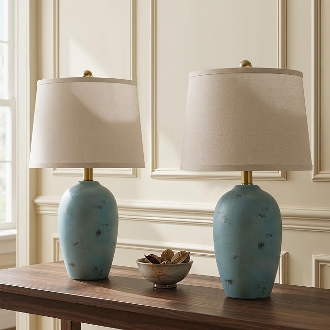 AIEAMPDO 21'' Set of 2 Coastal Small Ceramic Lamps for Bedroom | Traditional Nightstand Bedside Desk Table Lamp for Living Room Office Dorm, 2 Bulbs Included - Image 2