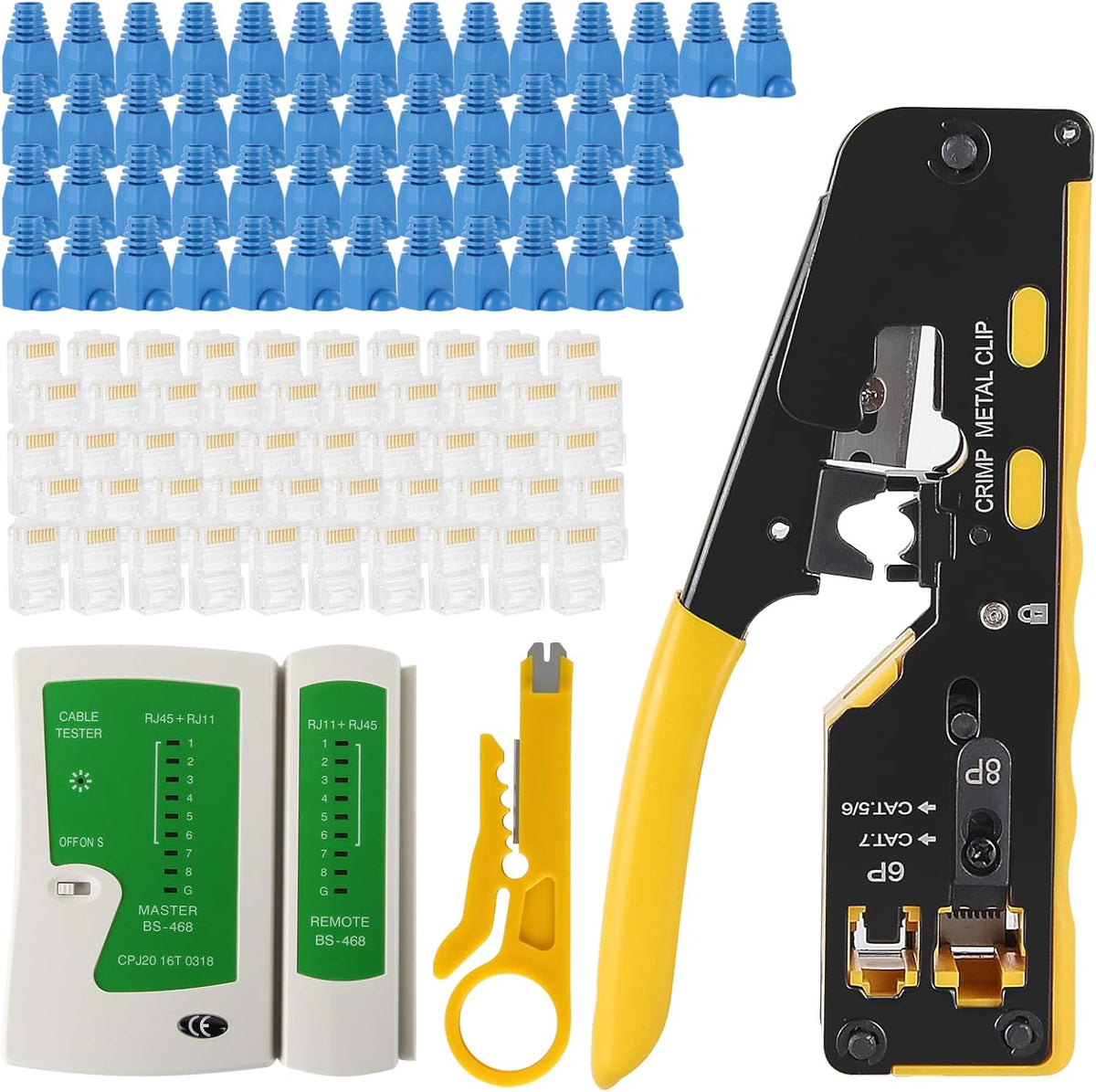 RJ45 Crimp Tool Kit with Network Cable Tester All-in-One Pass Through Ethernet Crimper Stripper Cutter for Cat7/Cat6/Cat5 Telephone Connectors Network Enthernet with Cat6 RJ45 Connectors Boots by DORHEA