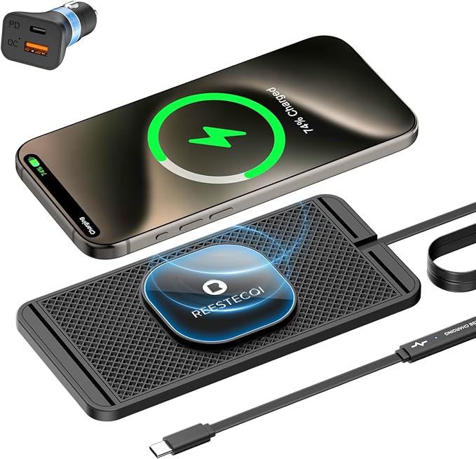 Magnetic Wireless Car Charger Pad, REESTECQI 15W Wireless Charging Pad for Magsafe Charger Wireless Charger for Car Non Slip Type C with 40W Car Charger for iPhone 17/16/15/14/13/12 (1M Cable) by REESTECQI