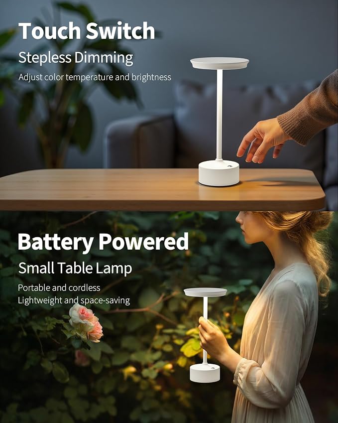 PUSU Rechargeable Table Lamps Set of 2, White Cordless Portable Desk Lamp | 4000mAh Battery, Stepless Dimming & 3 Color 2700K-6000K, LED Lamp for Bedroom, Living Room, Restaurant, Outdoor, Night Light - Image 5