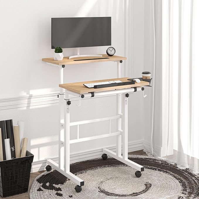 Small Standing Desk with Removable Cup Holder, Height Adjustable Mobile Laptop Stand on Wheels, Ergonomic Rolling Computer Workstation for Home Office, Portable Overbed Table for Couch & Bed, Khaki - Image 9