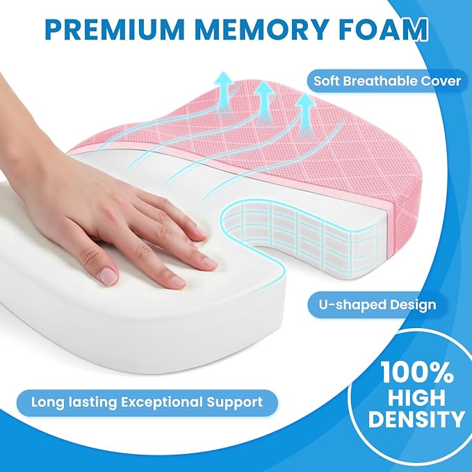 Seat Cushion, Memory Foam Office Chair Cushion - Pink, XX-Large | for Car Seat, Airplane, Desk Chair - Sciatica & Hip & Coccyx Pain Relief Cushion for Long Sitting Office Workers, Car Drivers - Image 3