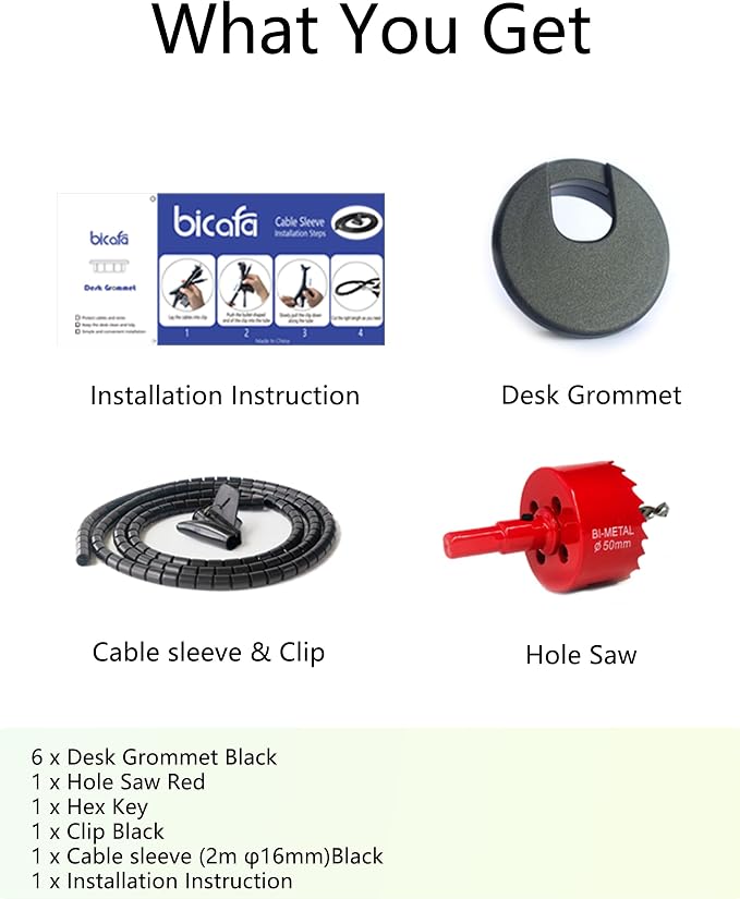 6 Pack Desk Grommet 2 Inch (50 mm) Bi-Metal Hole Saw Kit | with Cord Wrap Coiled Tube Management,2 m Cable Sleeve Organizer with Table Hole Cover - Image 8