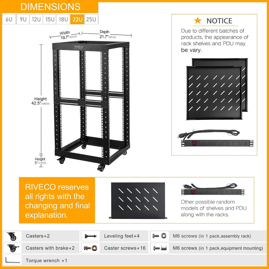22U Open Frame Server Rack with Brake Casters +19" Rail Mounting PDU (8 Outlets) Power Strip with Surge Protector + 2PCS Rack Shelves Cantilever Tray Set Black - Image 2