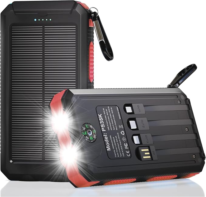 Solar Charger Power Bank 20,000mAh, Portable Charger, 4 Cables 3 Ports Fast Charging External Battery Pack with USB C for Cell Phones, Solar Panel Charger with Dual Flashlight for Camping Red by Durecopow