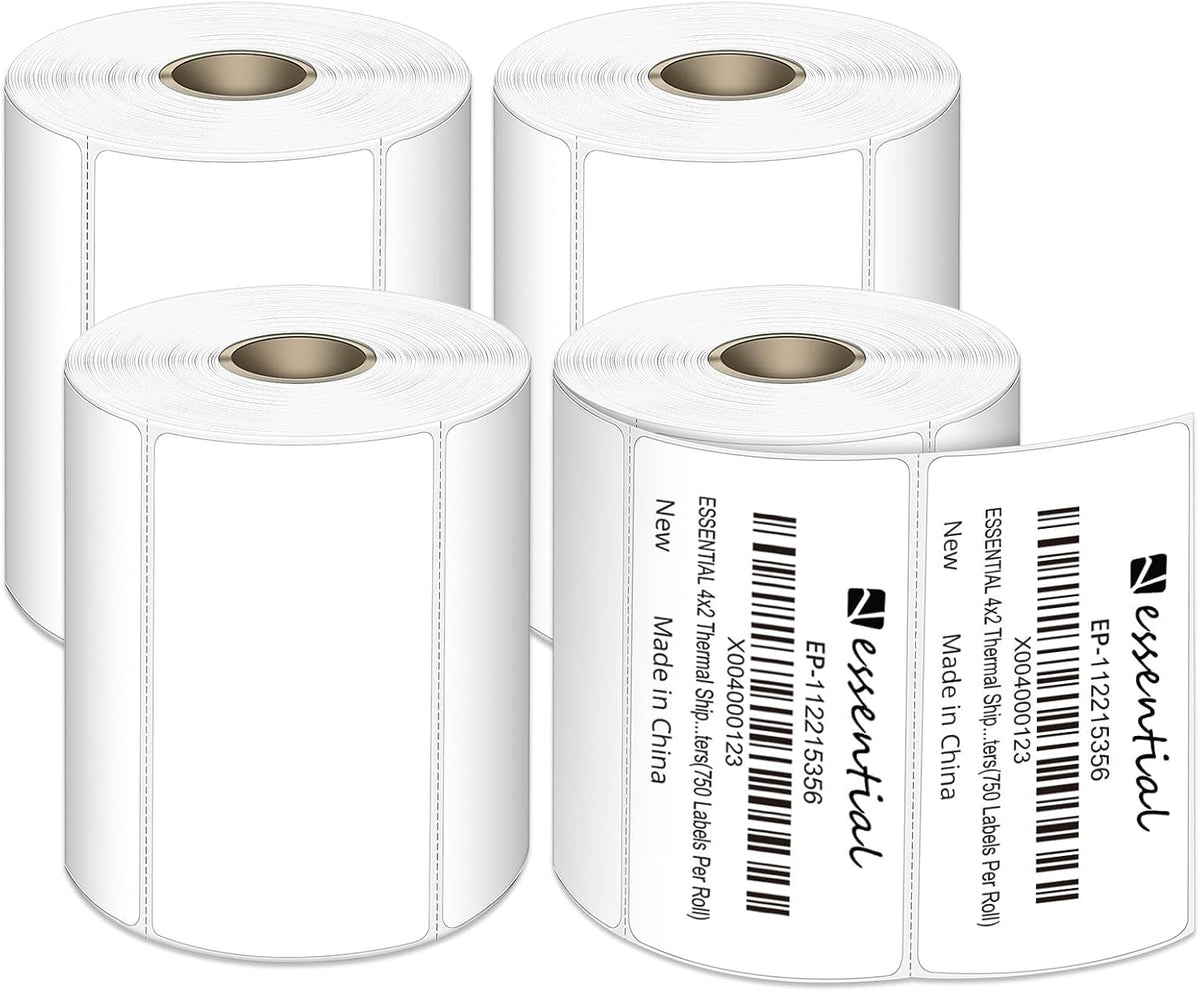 ESSENTIAL 4" x 2" Direct Thermal Labels, 1" Core (3000 Labels, 4 Rolls) by ESSENTIAL