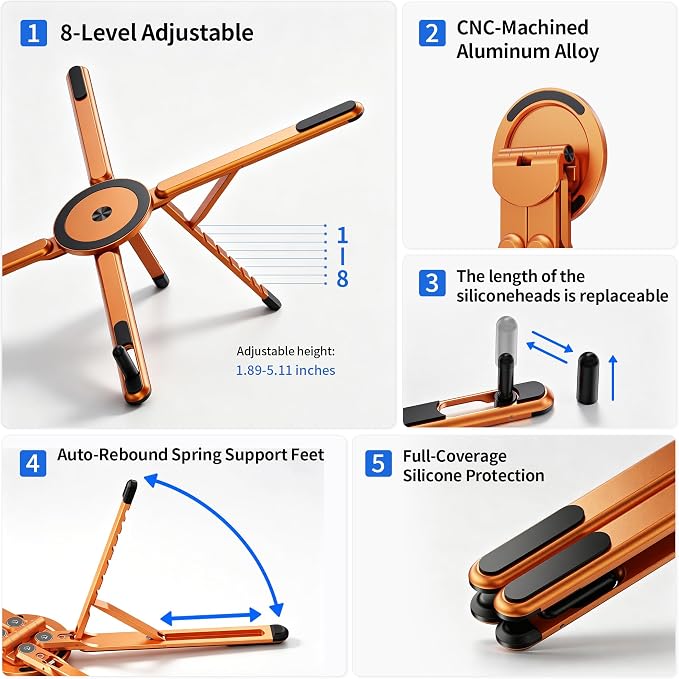 Portable Laptop Stand, 3-in-1 Magnetic Foldable Adjustable, for Desk | Aluminum alloy, lightweight compact, 8-level height, ergonomic, for phone/tablet, home office/travel - Image 6