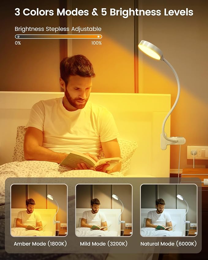 Glocusent 5W Desk Lamp with Remote, 3 Colors & 5 Brightness Reading Lights | Flexible Gooseneck Clip on Lamp, 30-Min Timer Reading Lamp, Perfect Clip on Light for Bunk,Bed,Headboard,Table,Work,Craft - Image 3