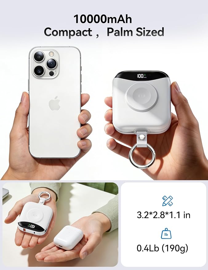 Portable Charger 10000mAh 22.5W Power Bank Built-in 2 Cables Keychain | Charge 5 Devices, TSA approved, Travel Fast Charging Battery Pack for iPhone Samsung Google Android & iWatch Charger, White - Image 3