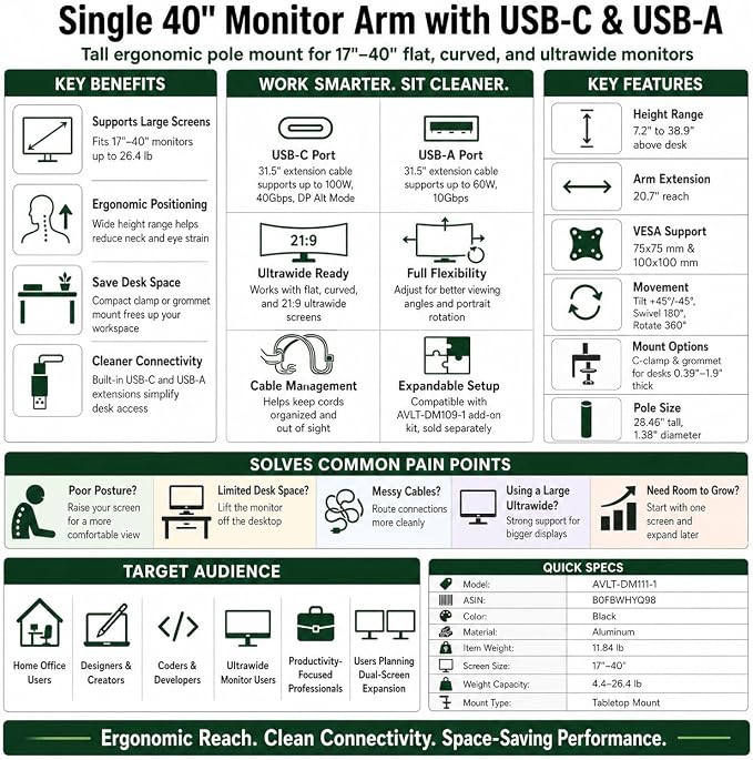 AVLT Single 40 Inch Monitor Arm Pole Top Mount with USB-C&A Ports - Black | Supports 26.4 lbs (12kg), Ultrawide Screen Fit, VESA Compatible, Tilt, Swivel, Rotate, Ergonomic Adjustable Height, Durable - Image 9
