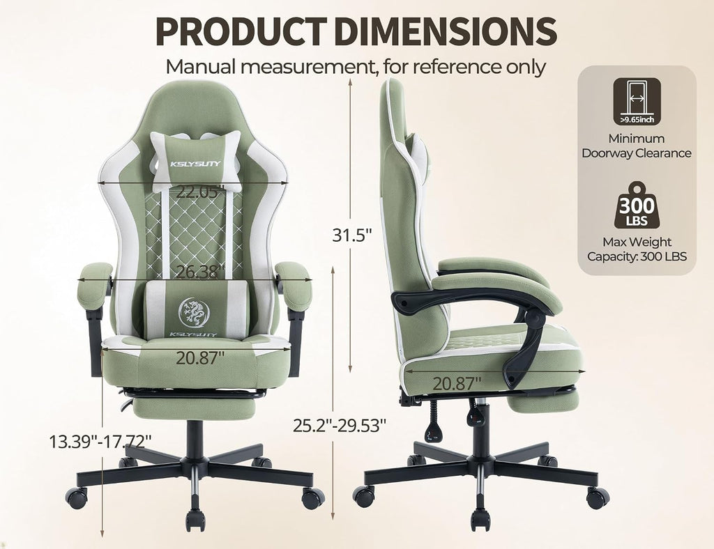 Office Desk Computer Gaming Chair for Adults, Ergonomic High Back Gamer Chair with Massage and Pocket Spring Cushion, Swivel Comfy Video Game Chairs with Footrest and Lumbar Support (Green White) - Image 2