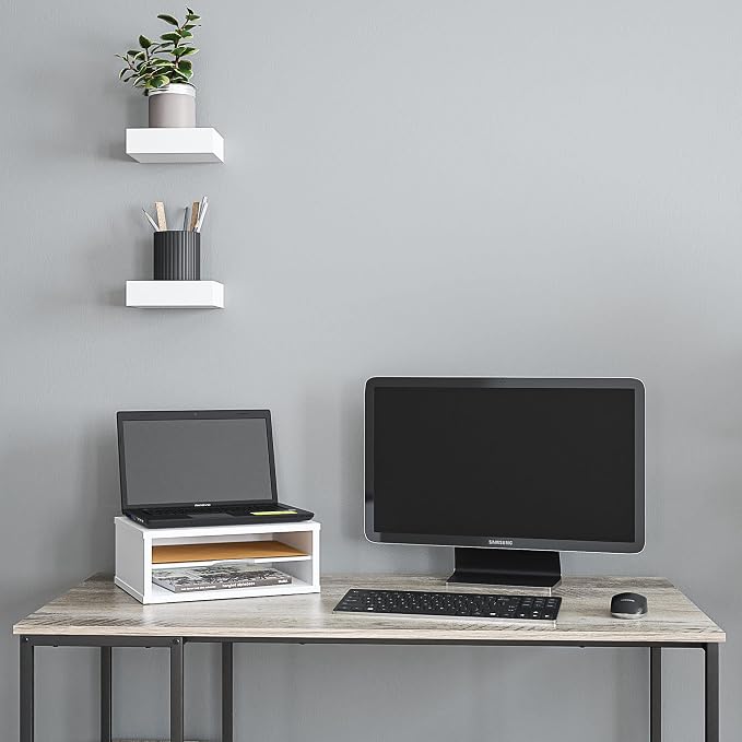 Ballucci File Organizer, 2-Tier Document Paper Sorter, Stackable Wood Desk Organizer Mail Holder, Monitor Stand with Storage Shelves, White - Image 2