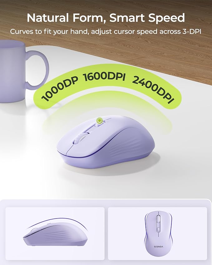 seenda Wireless Bluetooth Ergonomic Keyboard Mouse Combo, Full Size, Purple | USB/Bluetooth multi-device switching, with wrist rest, number pad, and quiet operation for PC, laptop, Mac, MacBook, and iPad - Image 4