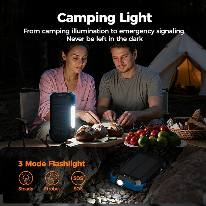 BLAVOR Solar Charger Power Bank Built-in Retractable USB-C Cable, 20000mAh Wireless Magnetic Portable Charger with Camping Light, Flashlight, 20W Fast Charging Battery Pack for Outdoor Camping Hiking - Image 5