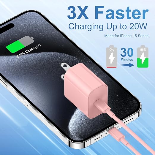 iPhone 17 16 15 Fast Charger and 6ft Type C to C Cable Cord Long, 20W USB C Charging Block Plug for Apple iPhone 17 Pro Max/17 Air/16 Pro/16 Plus/15 Pro/15 Mini/iPad Power Adapter Cube Brick-Pink - Image 2