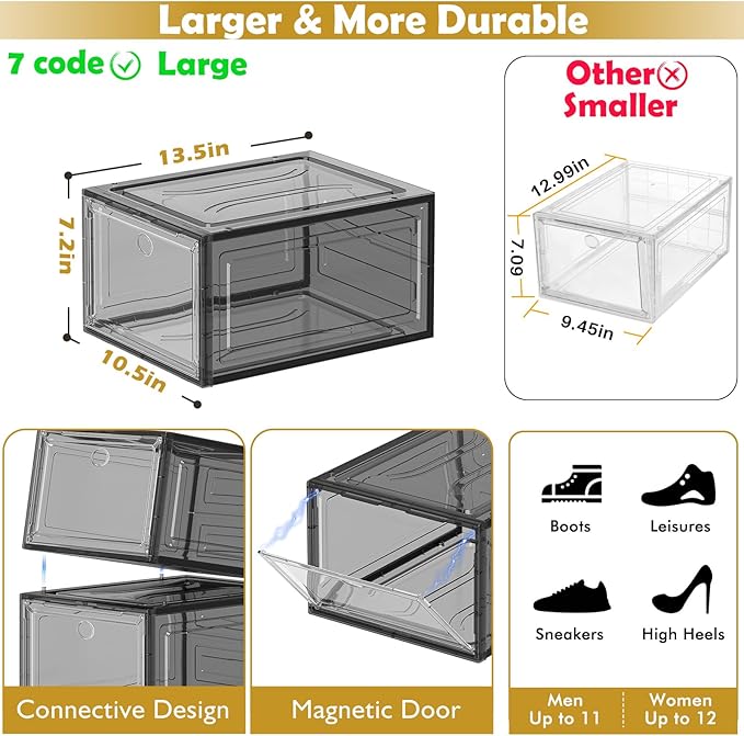 Sturdy Clear Shoe Organizer with Magnetic Door, Stackable Shoe Storage Box | Thick Plastic Shoe Storage for Sneakers & Boots, Collapsible Closet Shoe Rack and Clear Shoe Box, 6 Pack Black - Image 3